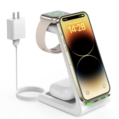 Wireless Charging Station for Apple - 3 in 1 Wireless Charger Stand Dock Watch and Phone Charger Station for Apple Watch 11/8/7/SE/6/5/4/3/2, iPhone 17 Air 16-12 Pro Max SE XS X, Samsung, AirPods - color: White