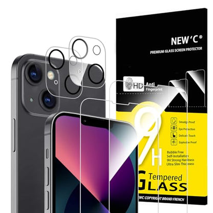 NEW'C 4 Pack, 2 Pack for iPhone 13 Mini Screen Protector + 2 Pack Camera Lens Protector, Sensor Protection,Case Friendly Tempered Glass Film - size: 13 Mini 5.4 inches