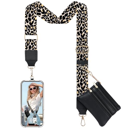 TiMOVO Clip and Go Phone Strap Crossbody with Leather Wallet, Adjustable Anti-Theft Lanyard with Pouch for Most Phone Case - color: Leopard