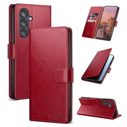 Wallet Case for Samsung Galaxy S25 5G, Red | RFID-Blocking Card Holder, Kickstand, Magnetic Closure, PU Leather Folio Flip Cover, Protective Women Men Cases - color: Red, size: Samsung Galaxy S25