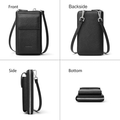 DORIS&JACKY Small Leather Crossbody Purse and Cell Phone Wallet for Women | RFID Blocking Shoulder Bag with Front Phone Pocket, Come with Long Detachable Strap and 12 Credit Card Slots - color: 1-black
