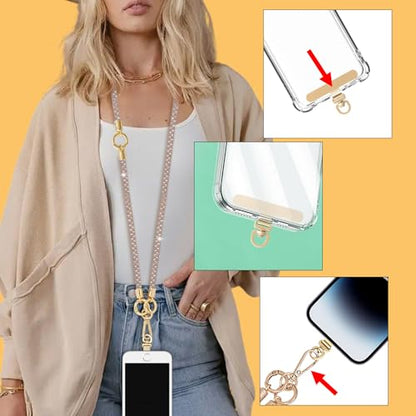 Crystal Phone Strap Crossbody and Wrist Lanyard, Anti Theft Layered & Wrist Strap Cell Phone Neck for Women - color: Light Brown a