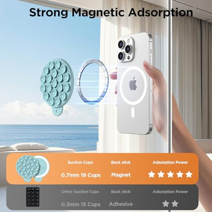 Magnetic Suction Cup Phone Mount, Compatible with MagSafe, Silicone Octo Cup Buddy Sticky Grip Holder for iPhone and Android, Removable Hands-Free Selfie/Video for TikTok, Light Cyan - color: Light Cyan