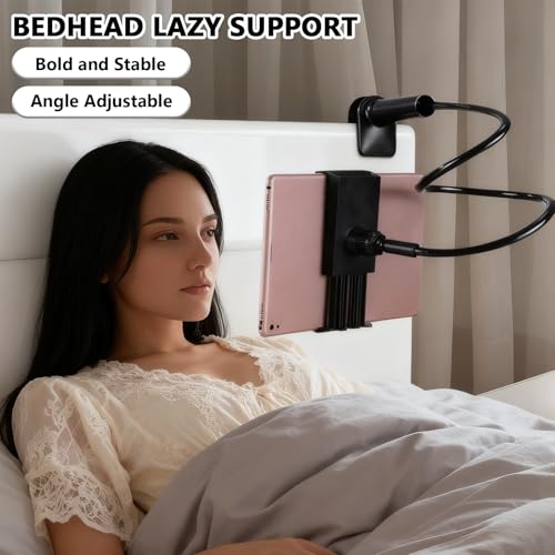 360-Degree Rotating Tablet and Phone Holder Adjustable Long Arm Lazy Bedside Clamp Stand Universal Flexible Mount for Desk and Bed - color: Black