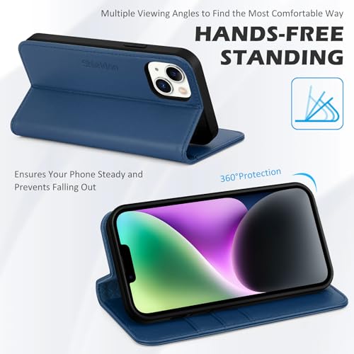 SHIELDON Genuine Leather Case Wallet for iPhone 14 6.1" 2022, Royal Blue | Magnetic Closure, RFID Blocking, Credit Card Slot, Kickstand, Flip Book Design, Shockproof Phone Cover - color: Royal Blue