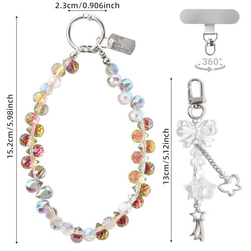 Crystal Beaded Phone Wrist Strap, Cute Cellphone Lanyard Chain, Bow Keychain Wristlet Bag Charms for Women - color: Amber