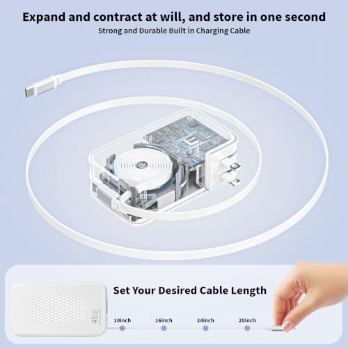 45W Retractable Wall Charger Fast Charging, 4 in 1 Retractable iPhone Charger Wall Plug Fast Charging Foldable Block with Dual USB C Cable, Multiport Charging for iPhone 17 Pro Max/16/15,iPad Pro/Air