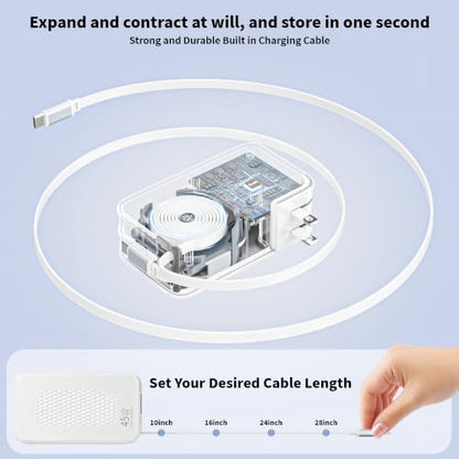 45W Retractable Wall Charger Fast Charging, 4 in 1 Retractable iPhone Charger Wall Plug Fast Charging Foldable Block with Dual USB C Cable, Multiport Charging for iPhone 17 Pro Max/16/15,iPad Pro/Air