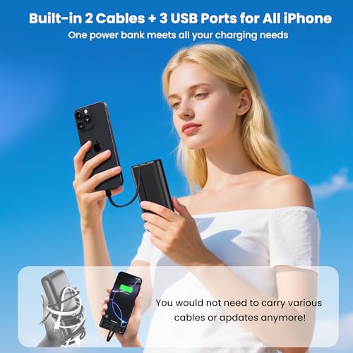 Portable Charger 40,800mAh Power Bank with Built-in Cables,5 USB Output Battery Pack Backup,25W PD USB C Phone Charging Travel Essential Outdoor for iPhone 17/16/15/14 Pro,Android Galaxy Pixel Nexus