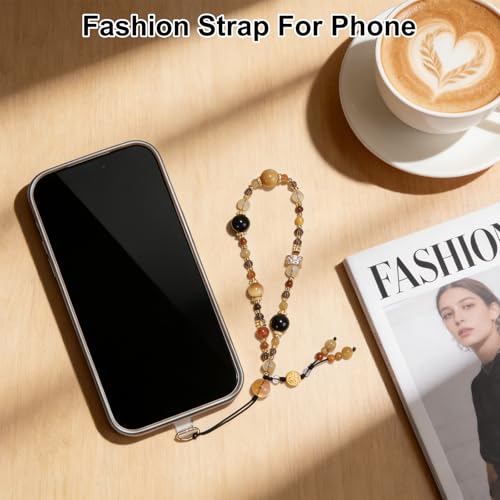 TEAMOLA Natural Stone Phone Charm - Crystal Phone Beaded Wrist Strap - color: Yellow & Black & Gold