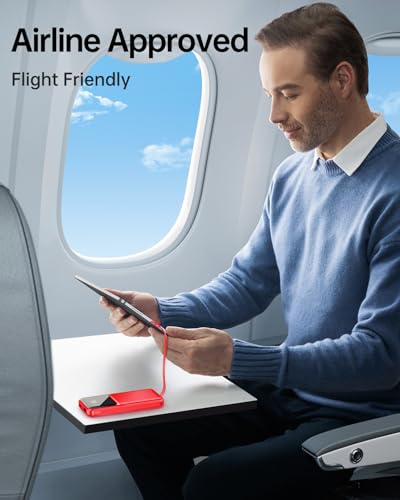 RONEGN Portable Charger with Built in Cable 10000mah USB C Power Bank Fast Charging Travel Essential Battery Pack for iPhone Samsung Android iPad etc - color: Red