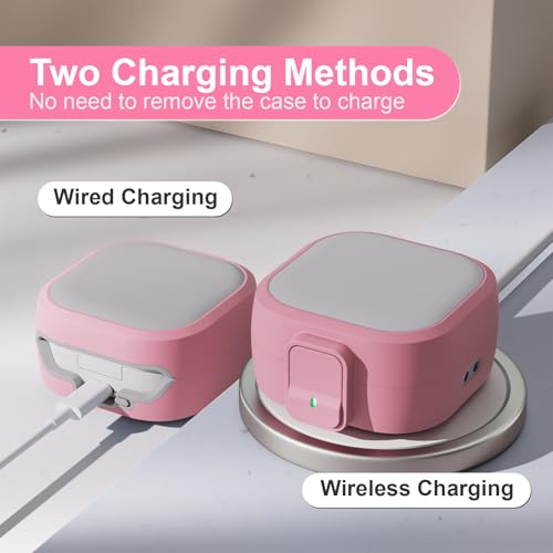 for Samsung Galaxy Buds 4 Pro/Buds 4 Case (2026) with Secure Safety Lock Clip,Shockproof Scratch-Resistant Hybrid PC+TPU Soft Shell Protective Cover Accessories with Carabiner&Cleaning Pen(Pink) - color: Pink Edge-Grey
