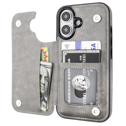 ONETOP for iPhone 16 Wallet Case with Credit Card Holder,Gray | Kickstand,ID/Cash Holder,Case Wallet with Card Slots,Double Magnetic Clasp,Durable PU Leather Shockproof Cover for Women Men - color: Gray