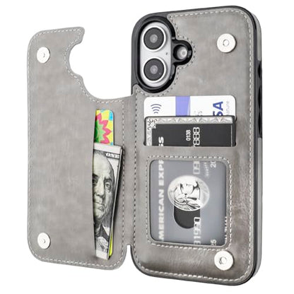 ONETOP for iPhone 16 Wallet Case with Credit Card Holder,Gray | Kickstand,ID/Cash Holder,Case Wallet with Card Slots,Double Magnetic Clasp,Durable PU Leather Shockproof Cover for Women Men - color: Gray