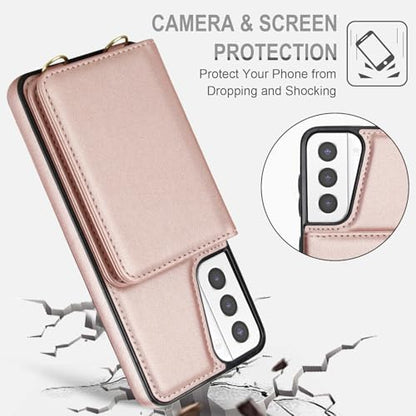 Phone Case for Samsung Galaxy S21 Plus S21+ 5G Wallet Cell Cover with Tempered Glass Screen Protector Wrist Strap RFID Blocking Credit Card Holder S21+5G S21plus 21S + S 21 21+ G5 Women Men Rose Gold - color: Rose Gold