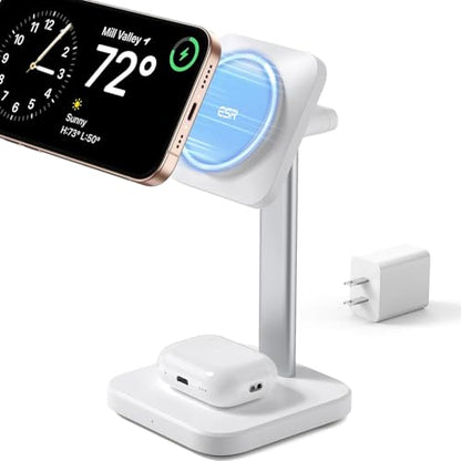 ESR 2 in 1 Magsafe Charger Stand, Wireless Charger Stand for iPhone [Certified], Magsafe Wireless Charging for Multiple Devices iPhone 17e/17/16/15/14/13/12, Apple Watch& AirPods 4/3, White