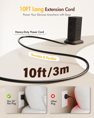 12AC 3USB Power Strip Tower Surge Protector 1800J, 10ft, Black, 1 - color: Black, size: 10ft