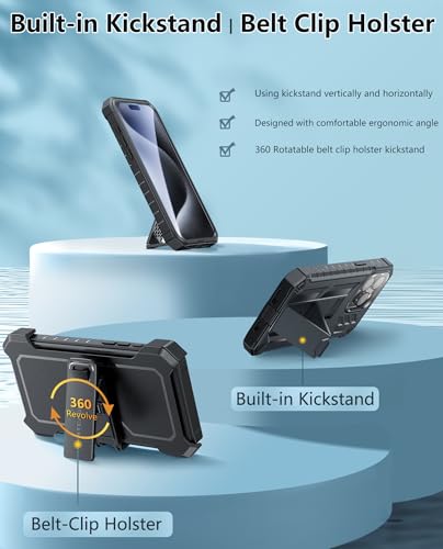 FNTCASE for iPhone 15-Pro-Max Phone Case 6.7", Built-in Screen Protector & Kickstand & Belt-Clip Heavy Duty Military Grade Shockproof Protection Rugged Case - Black | Built-in Screen Protector, Military-Grade Drop Protection, Heavy Duty Shockproof Holster
