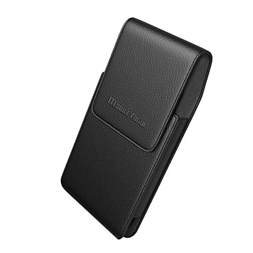 Mobile Vogue by Reiko Premium Eco-Friendly Leather Phone Pouch Belt Clip Holster Compatible with iPhone/Galaxy/Stylo/Android Phone with Protective Case on (Black-MV385, 6.1 x 3.2 x 0.7 in)