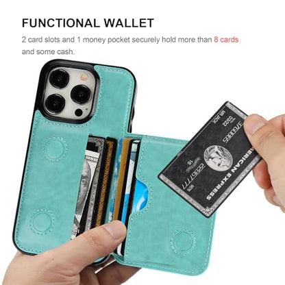 KIHUWEY Compatible with iPhone 15 Pro Wallet Case Credit Card Holder, Premium Leather Kickstand Flip Hidden Magnetic Clasp Durable Shockproof Protective Cover for iPhone 15 Pro 6.1 inch (Mint Green) - color: Mint Green