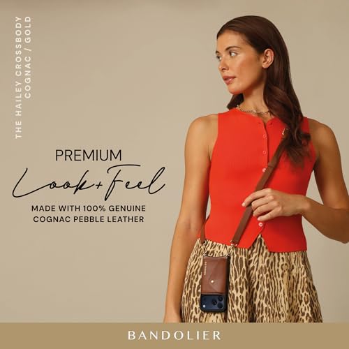 Bandolier Hailey Leather Crossbody Phone Case iPhone 16 Pro- Cognac | Crossbody leather phone case. Built-in wallet w/ snap-closure. Adjustable & removable leather strap. Phone drop protection. - color: Cognac/Gold, size: iPhone 16 Pro