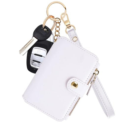 M-Plateau RFID Blocking Keychain Wallet With Leather Wrist Strap | Keychain Wristlet, Womens Card Holder with Zipper Coin Pocket and ID Window - color: White