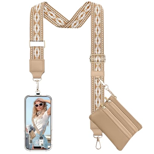 TiMOVO Clip and Go Phone Strap Crossbody with Leather Wallet, Adjustable Anti-Theft Lanyard with Pouch for Most Phone Case - color: Brown