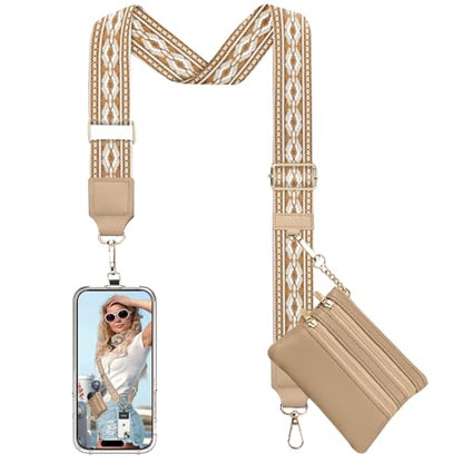 TiMOVO Clip and Go Phone Strap Crossbody with Leather Wallet, Adjustable Anti-Theft Lanyard with Pouch for Most Phone Case - color: Brown