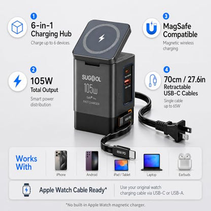 105W Retractable Charging Station, 6-in-1 GaN Charger with Cables