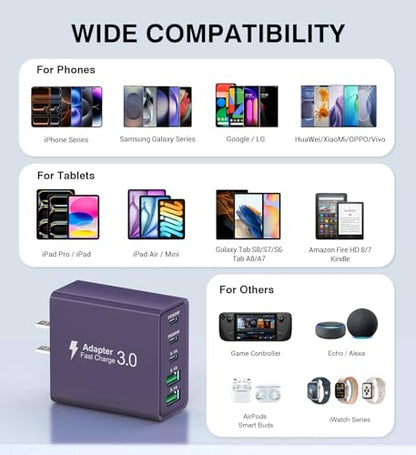 [2Pack] 60W USB C Plug,5-Port Fast Charger Block PD+QC Cube Wall Charging Box Brick for iPhone 17/16/15/14/13 for Samsung Galaxy S25/S24/S23/S22/S21+/S21 Ultra, Magsafe Wireless Charger,(Purple) - color: Purple