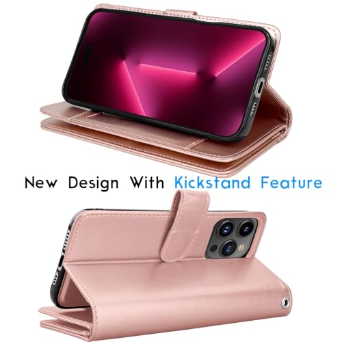 Tekcoo Wallet Case Compatible with iPhone 16 Pro (6.3 inch) 2024 Luxury ID Cash Credit Card Slots Holder Carrying Pouch Folio Flip PU Leather Cover [Detachable Magnetic Hard Case] Strap [Rose Gold] - color: Rose Gold, size: 16 Pro