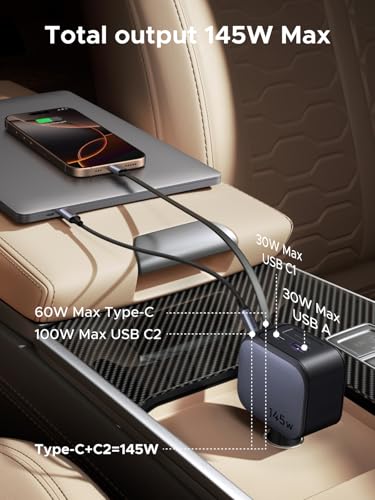 UGREEN 145W 4-Port Retractable Car Charger with 60W Retractable Cable