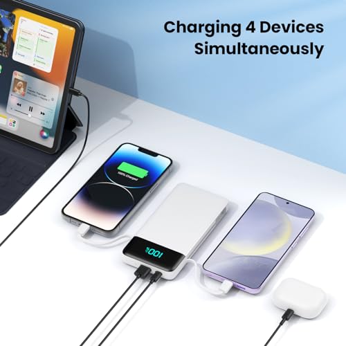 Portable Charger for iPhone with Built-in Cables and Wall Plug,Upgraded 13800mAh Fast Charging USB C Power Bank,4 Outputs Slim Travel Essential Battery Pack for iPhone 17/16/15/14/13,Galaxy,-White - color: White