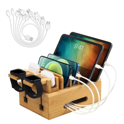 Bamboo Charging Station for Multiple Devices, Desktop Organizer Docking Station, Natural Bamboo Desk Storage Stand for Phone, Tablet, Earbuds, Smart Watch (Power Adapter Not Included)