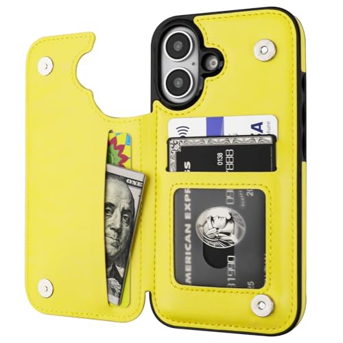 ONETOP for iPhone 16 Wallet Case with Credit Card Holder,Yellow | Kickstand,ID/Cash Holder,Case Wallet with Card Slots,Double Magnetic Clasp,Durable PU Leather Shockproof Cover for Women Men - color: Yellow