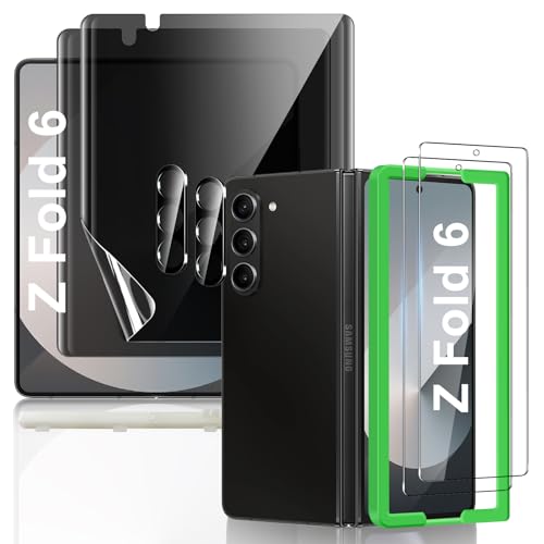 [2Set 6PCS] Screen Protector for Galaxy Z Fold 6, 2 Inner TPU Privacy Films + 2 Outer Tempered Glass + 2 Camera Lens Protecters with Positional Mouting Frame, No Creases, No Bubbles