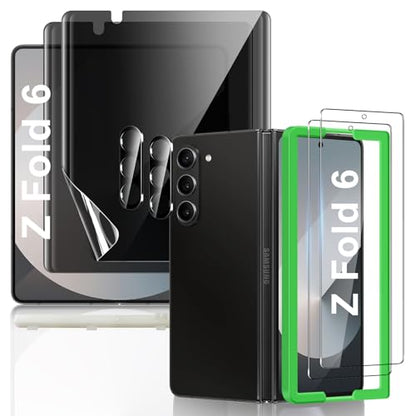 [2Set 6PCS] Screen Protector for Galaxy Z Fold 6, 2 Inner TPU Privacy Films + 2 Outer Tempered Glass + 2 Camera Lens Protecters with Positional Mouting Frame, No Creases, No Bubbles