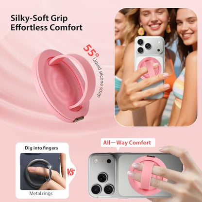 Upgraded Magnetic Phone Grip&Phone Stand, Liquid Silicone Soft and Portable Phone Ring, Removable Finger Loop Ring Grip Holder for iPhone, Strong Magnetic , Compatible with MagSafe Phone Case Pink - color: Pink