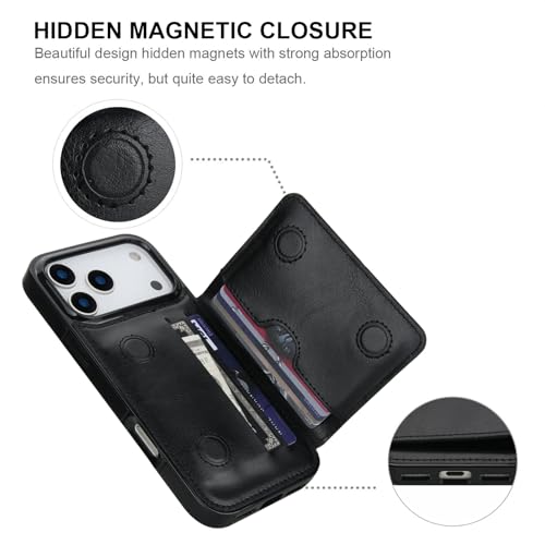 KIHUWEY Compatible with iPhone 17 Pro Max Wallet Case Credit Card Holder, Premium Leather Kickstand Flip Hidden Magnetic Clasp Durable Shockproof Protective Cover for 6.9 inch (Black) - color: Black