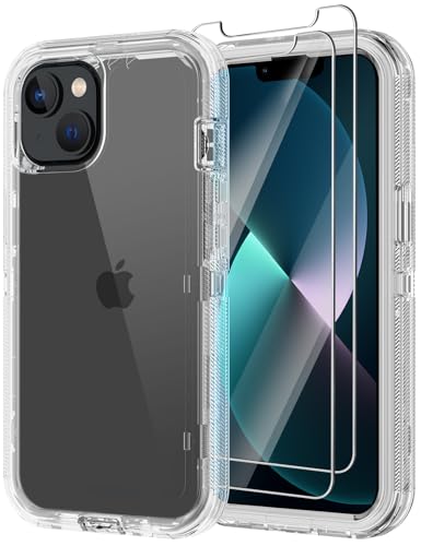 for iPhone 13 Case with 2 Screen Protector,Shockproof Drop Protection Full Body Heavy Duty 3 Layer Military Rugged Durable Phone Cover for Apple iPhone 13 6.1" (Clear) - color: Clear