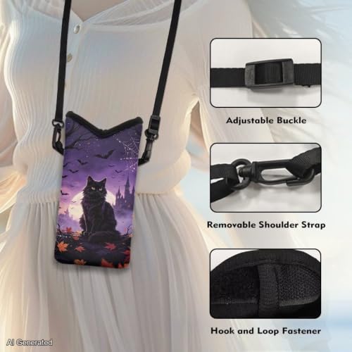 Women Cross Body Phone Purse Neoprene Mobile Phone Bag with Adjustable Strap Lightweight Mini Smartphone Purse Travel Essentials for Phone, Keys, Black Cat Maple Leaf Bat Print Violet - color: Black Cat Maple Leaf Bat Print Violet