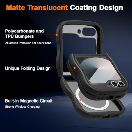 UEEBAI Magnetic for Samsung Galaxy Z Flip 5/Z Flip 6/7 FE Case, Compatible with MagSafe, Transparent Clear Wave Frame Design Soft Edge Cover Matte Shockproof Phone Case- Black - color: Black, size: Samsung Z Flip 7 FE/Z Flip 6/Z Flip 5 5G