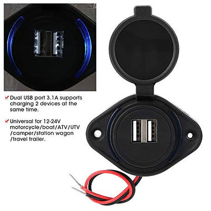 RiToEasysports Car USB Charger, ABS Dual USB Power Socket Adapter 5V 3.1A with LED Indicator, Flush Mount Charging Port for 12V 24V Car Boat ATV UTV RV Motorcycle