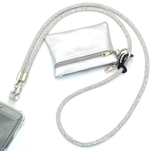 Clip and Go Strap for Phone with Wallet Crossbody, Bling Crystal Phone Strap Crossbody for Hands-Free Style - color: Silver White