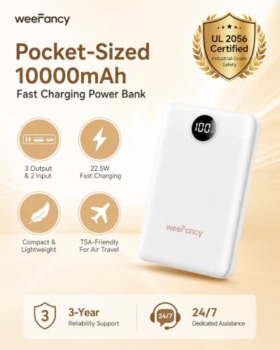 Small Portable Charger 10000mAh 20W Fast Charging Mini Power Bank, White - color: White