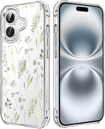Flower Leaf Design Clear Case Compatible with iPhone 16, Cute Girls and Women Back Case Cover, Green Leaves Floral Transparent Flexible TPU Bumper Shockproof Protective Phone Case - color: Leaves, size: for iPhone 16