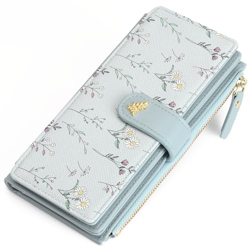 GAEKEAO Womens Wallet RFID Blocking Trifold Large Capacity Ladies Vegan Leather Wallet Floral Multi Card Holder Organizer - color: Y02-Blue