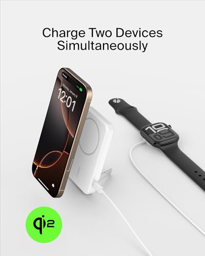 Belkin 5000mAh 15W Qi2 MagSafe Power Bank with Kickstand | Wireless Charging Battery Pack, iPhone 17, Air, Pro, Pro Max, AirPods, Apple Watch, Google Pixel 10, Built-in Stand, Magnetic - color: White, style: 5K mAh
