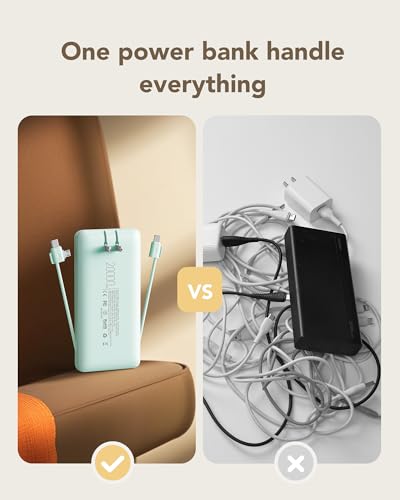 charmast 20000mAh Portable Charger with Built-in Cables and AC Wall Plug - color: cyan