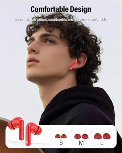 Wireless Earbuds, Bluetooth 5.4 Headphones Bass Stereo/Clear Calls, Red - color: Red